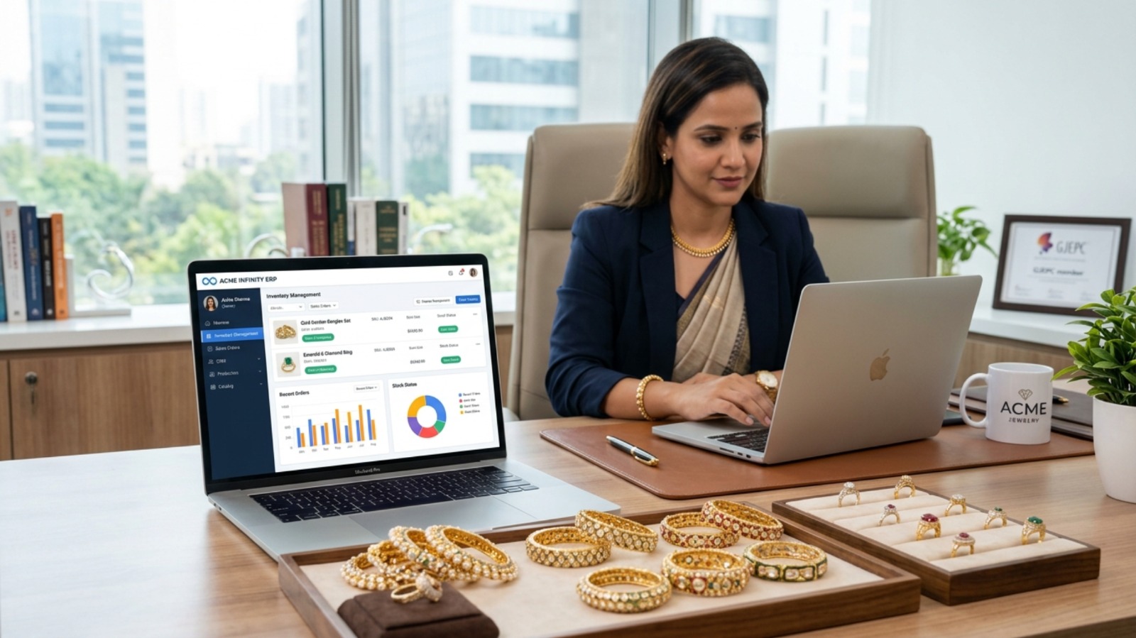 Professional woman sits at a desk with two laptops, jewelry trays in front, reviewing inventory on a computer screen at an office.