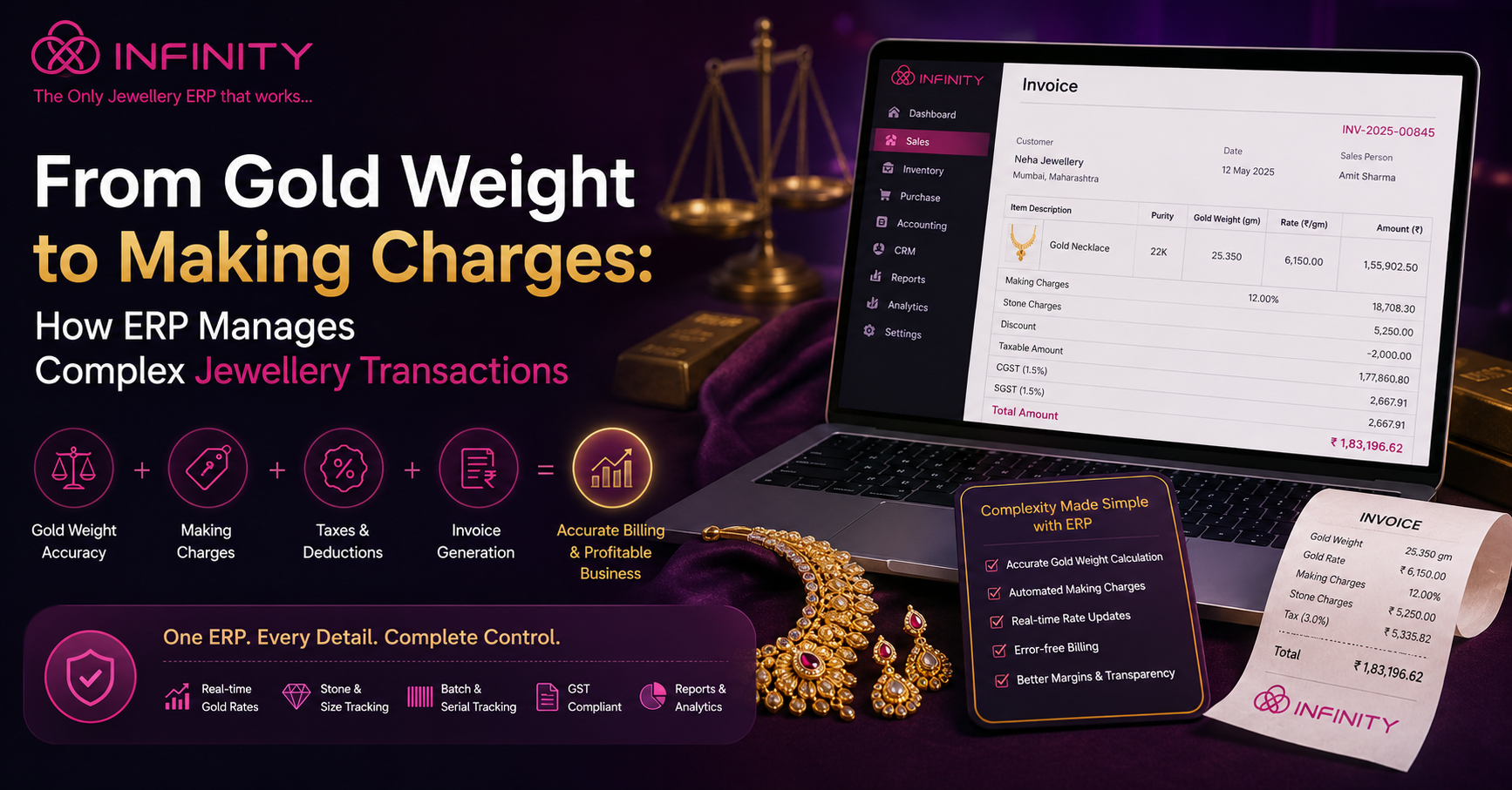 Infinity jewellery ERP ad on a dark purple background: gold jewelry, a laptop showing an invoice, and system icons beside the tagline 'From Gold Weight to Making Charges.'