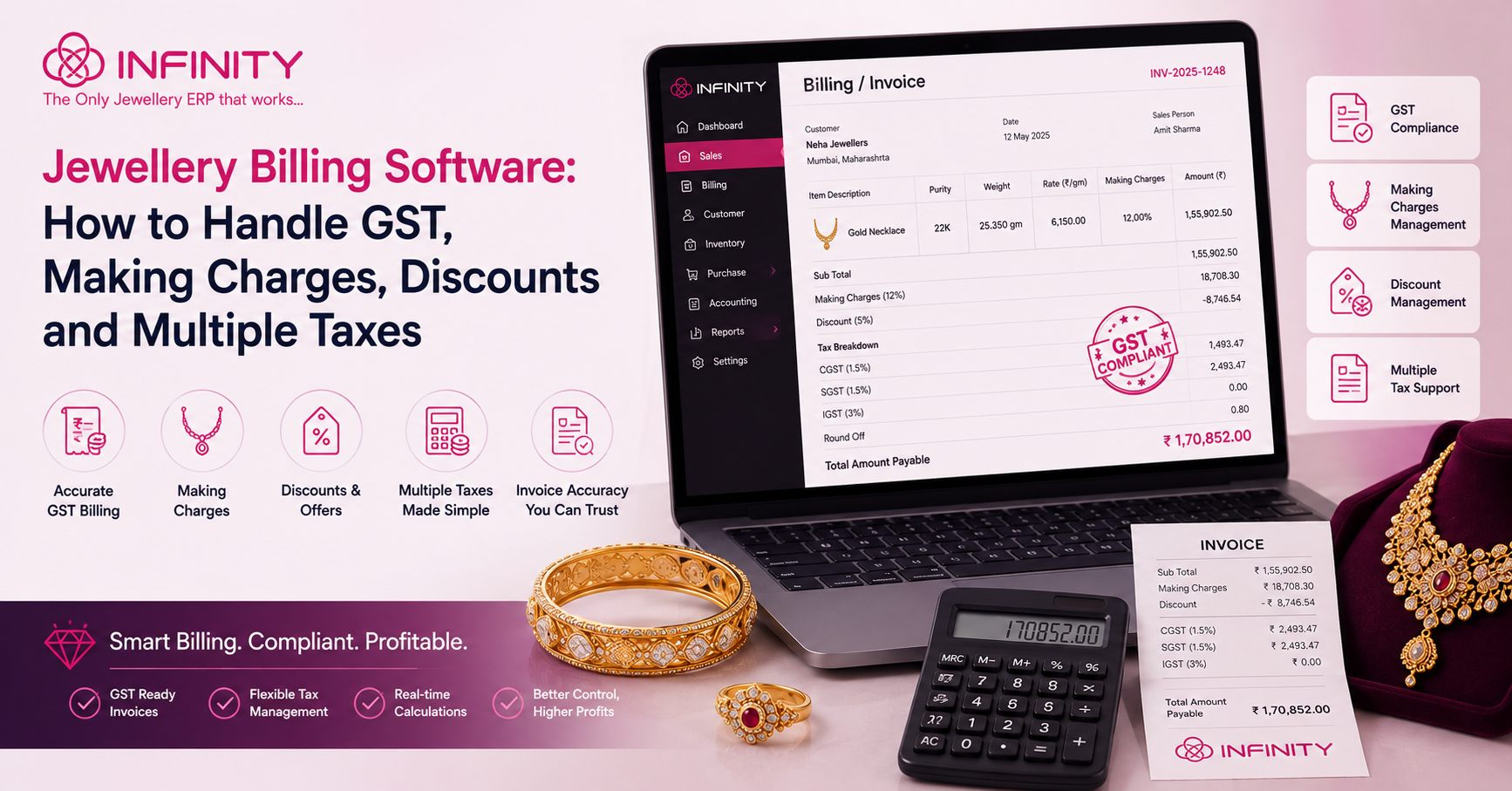Marketing banner for Infinity Jewellery ERP showing a laptop invoice on screen with jewelry on desk and right-side feature panels.
